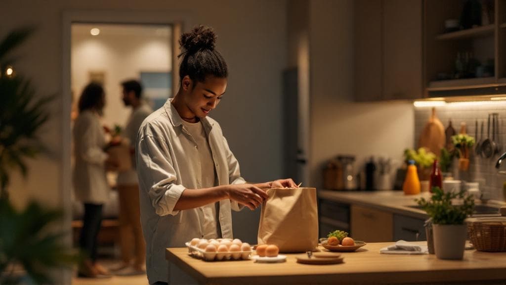 A customer unpacking fresh groceries delivered by MinuteMart