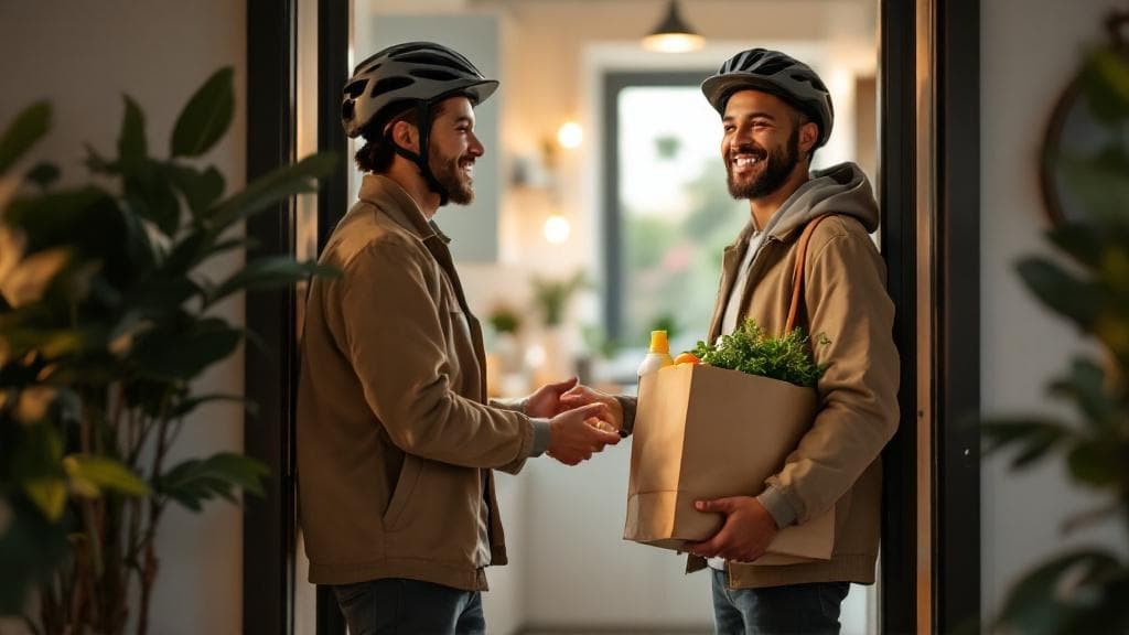 A MinuteMart rider delivering groceries to a happy customer