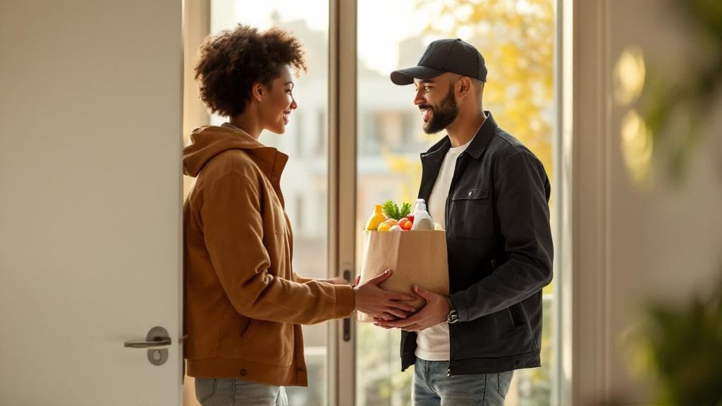 Happy customer receiving a MinuteMart delivery at their doorstep